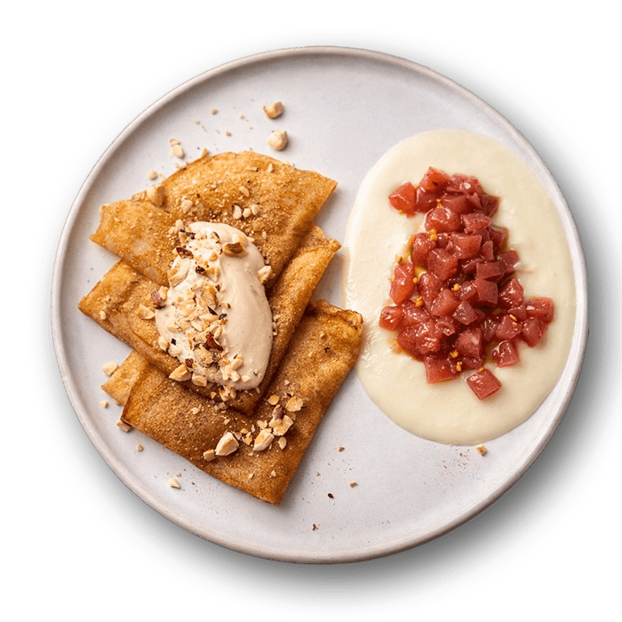 Pancakes with caramelized pear and nut sauce